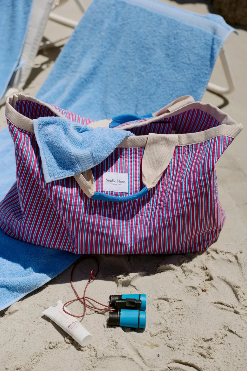 Poplin-Streifenstrandtasche | Himbeere