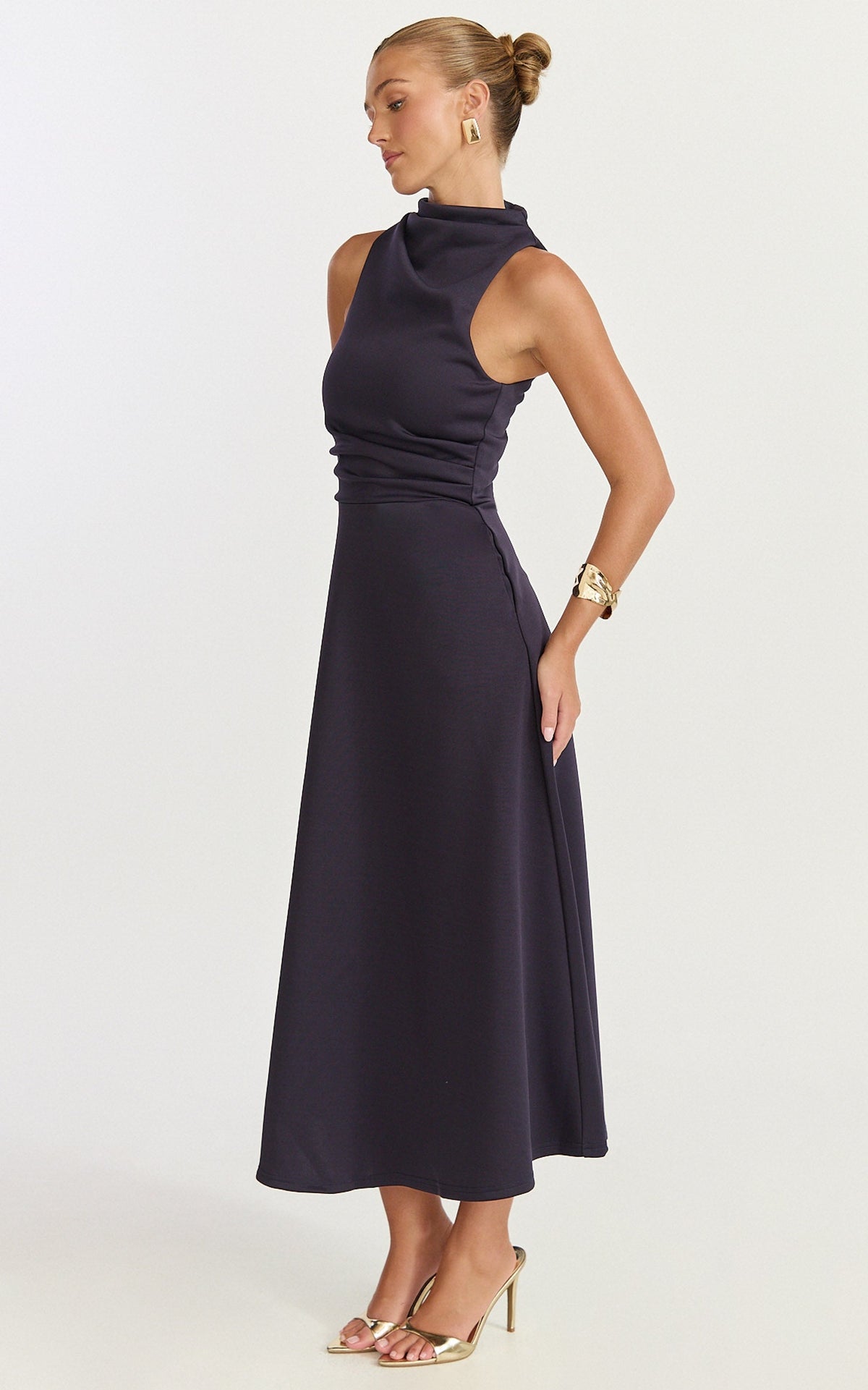 Macy Midi Dress - High Neck A Line Dress in Navy