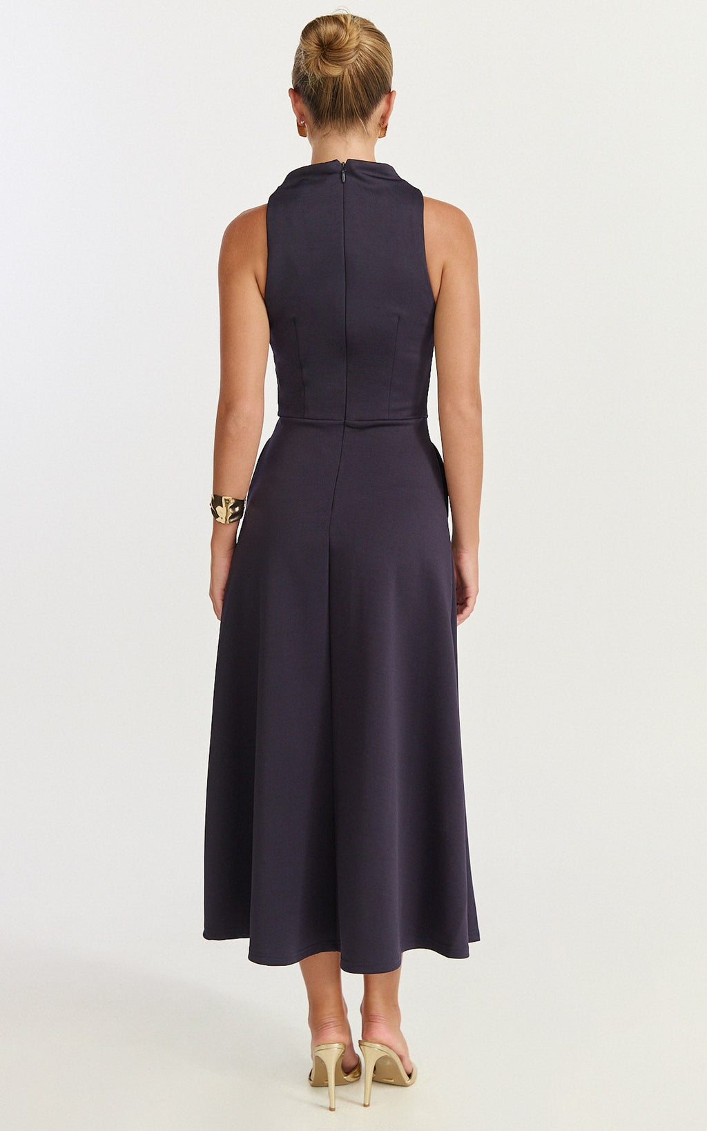 Macy Midi Dress - High Neck A Line Dress in Navy