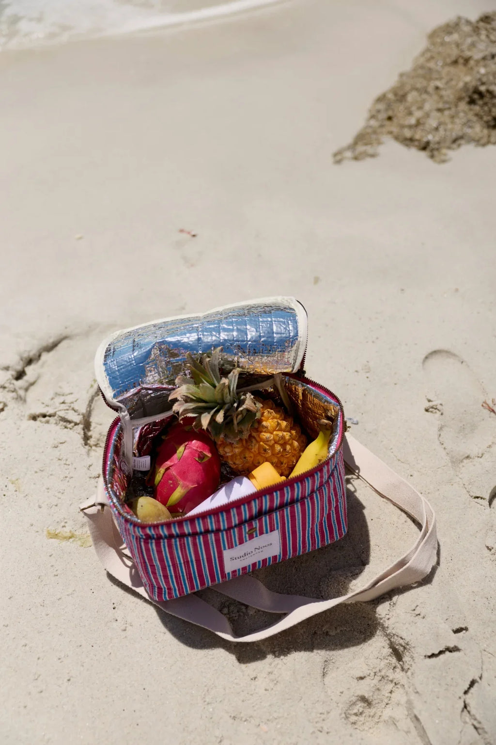 Kühltasche aus gestreiftem Popeline | Himbeere