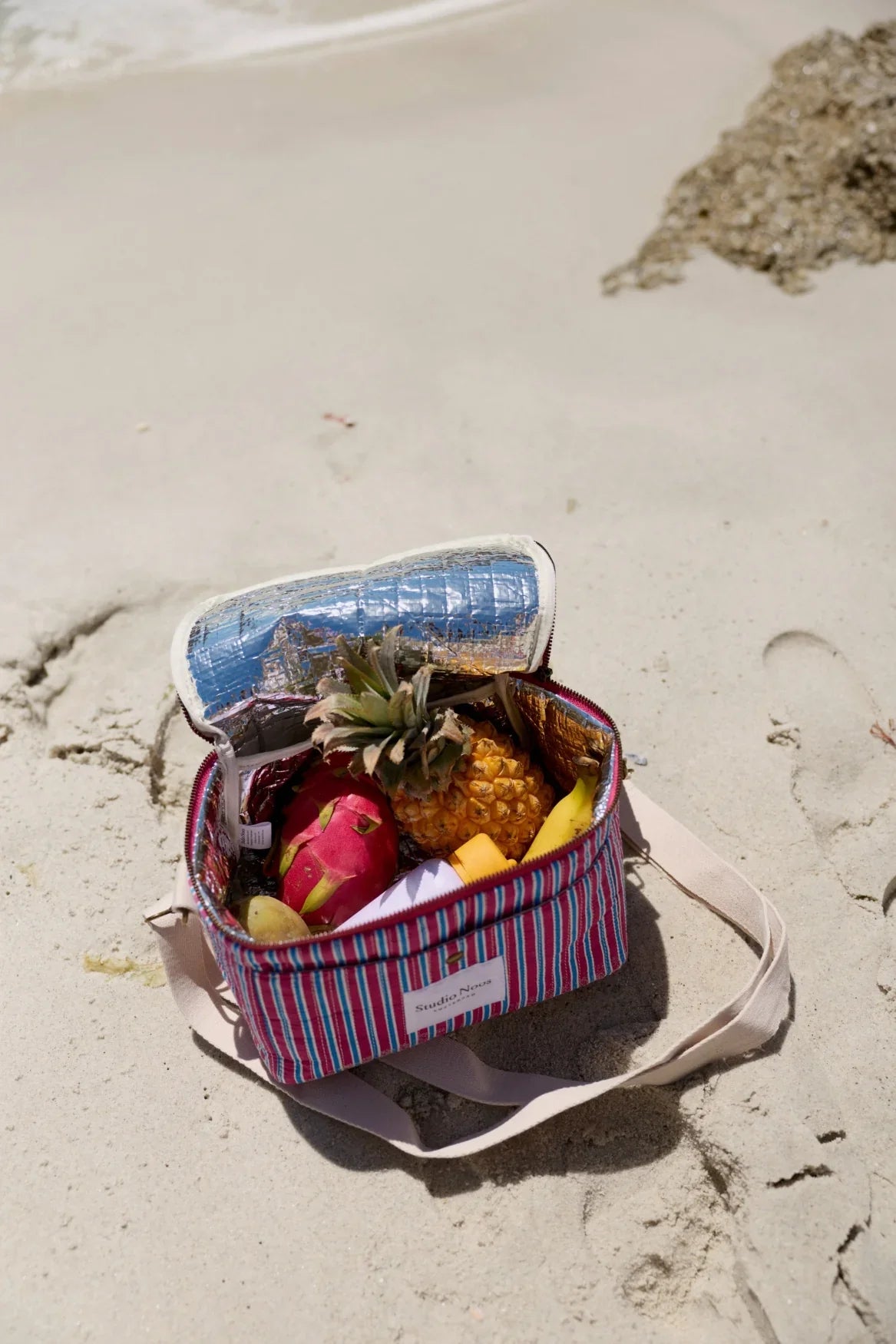 Kühltasche aus gestreiftem Popeline | Himbeere