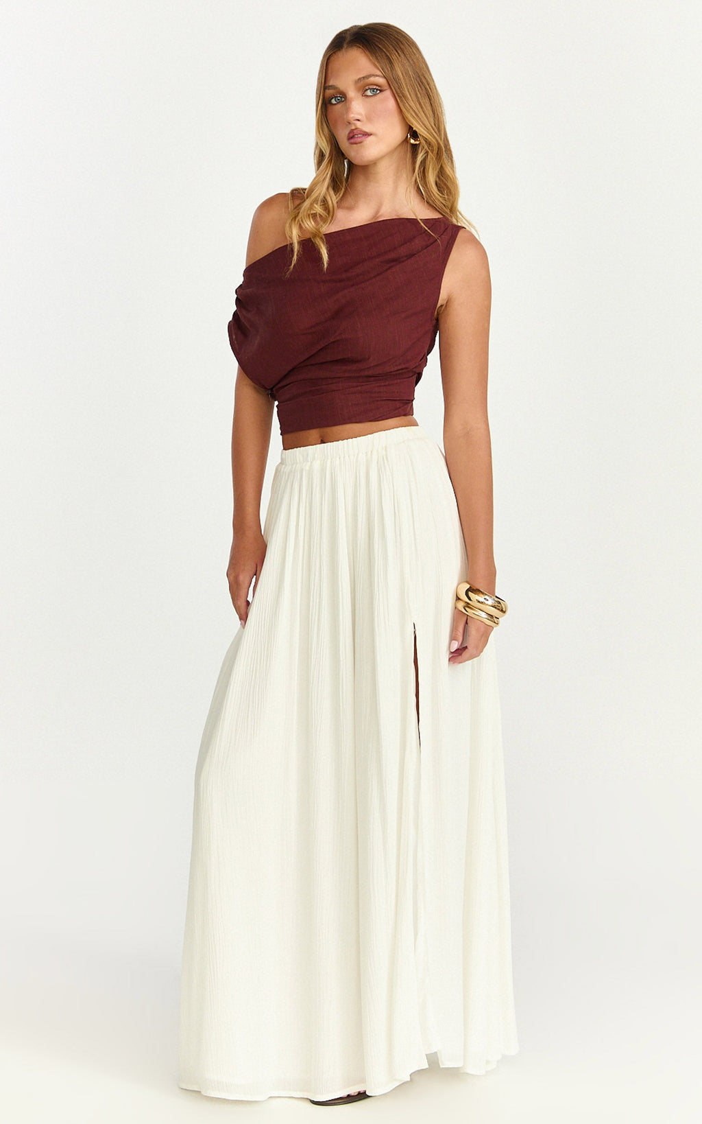 Anessa Maxi Skirt - Elastic Waist Maxi Skirt With Thigh Split in Natural