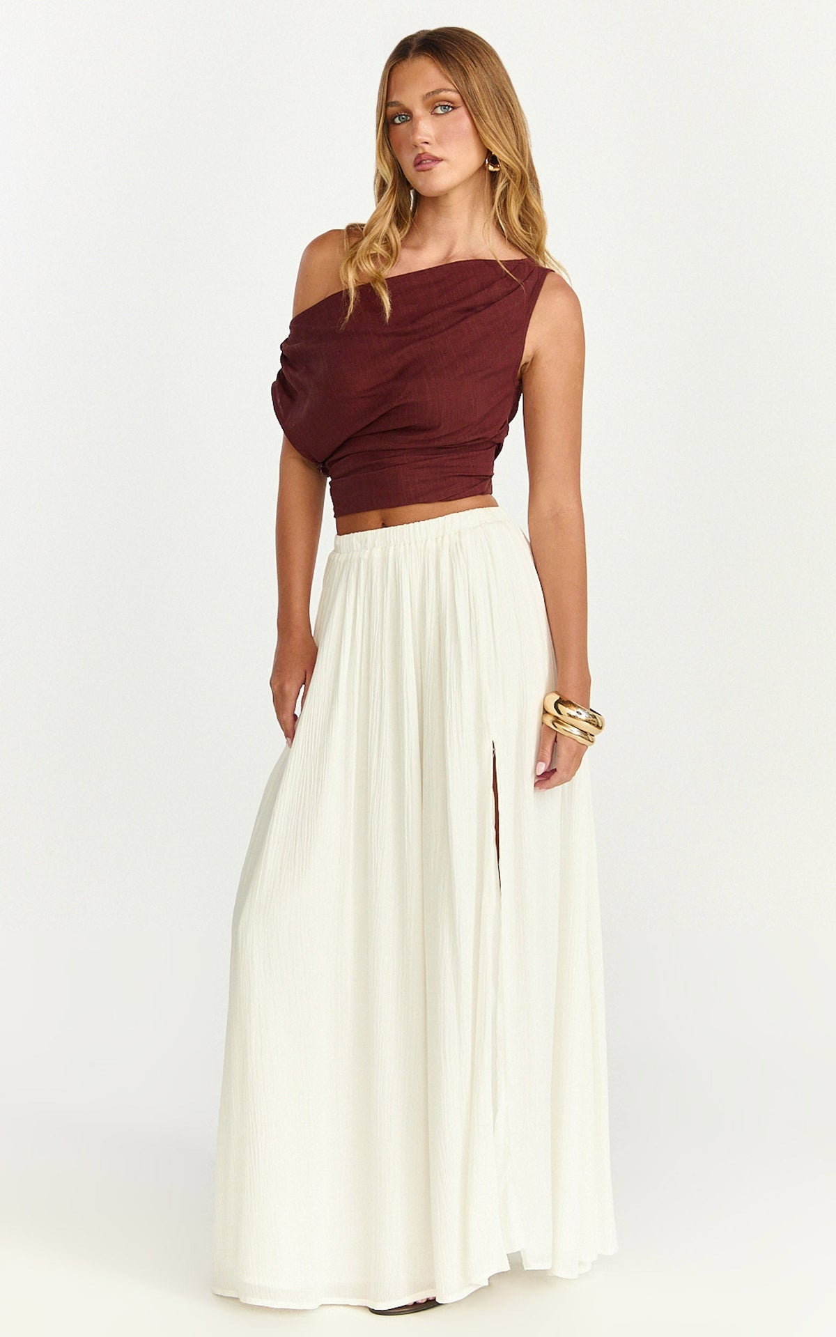 Anessa Maxi Skirt - Elastic Waist Maxi Skirt With Thigh Split in Natural