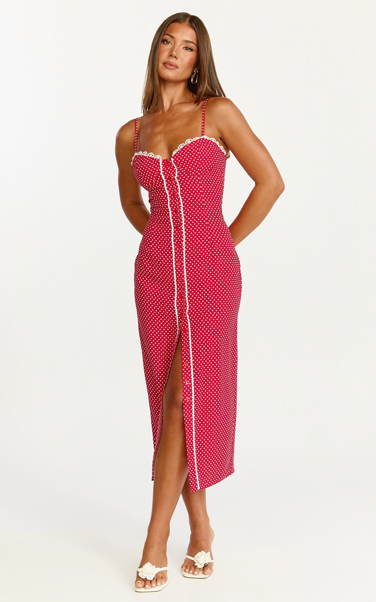 Camille Midi Dress - Button Front Bustier Lace Trim Fitted Dress in Red