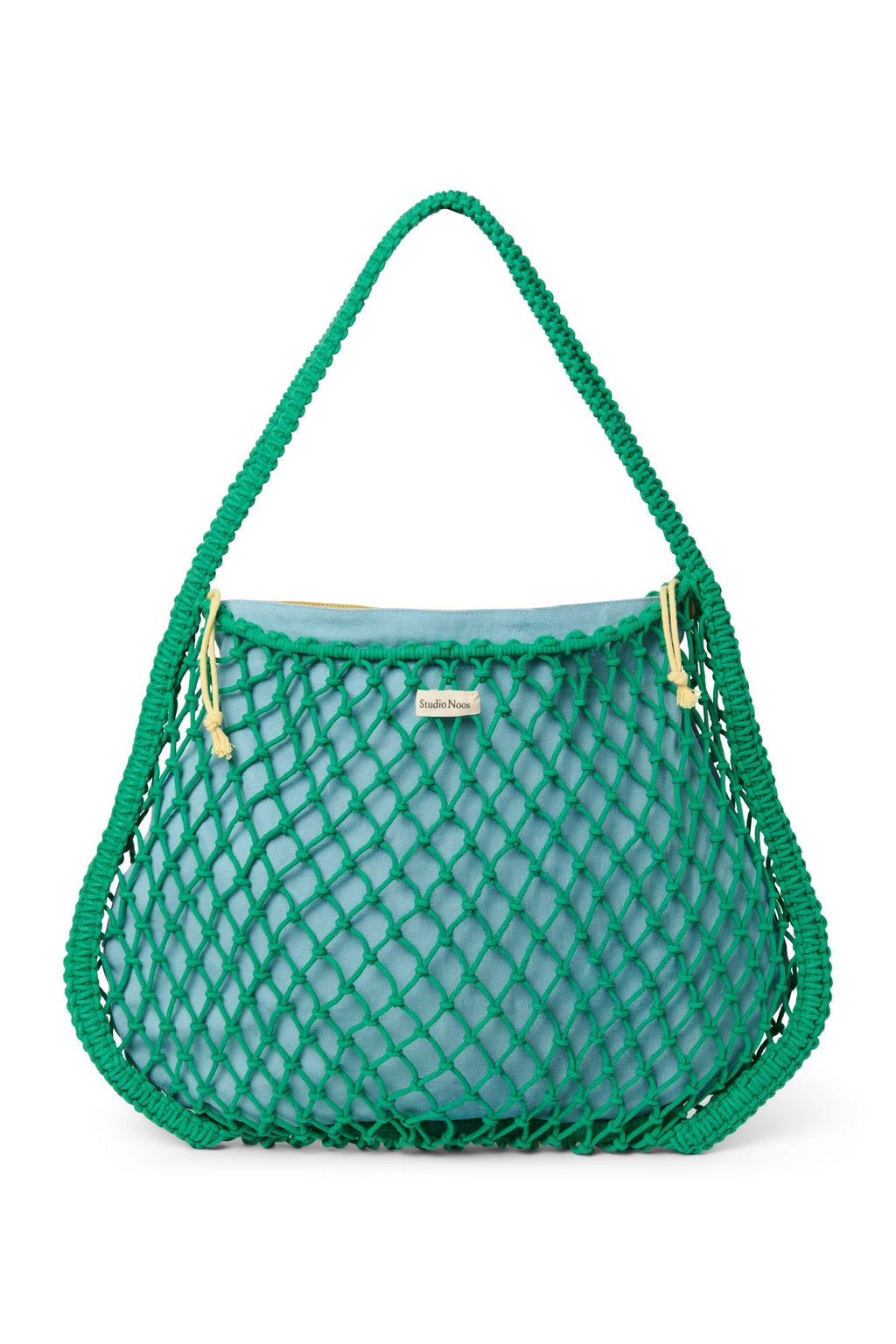 Blau-gelber Wende-Einsatz | Grüne Makramee Mom Bag mit