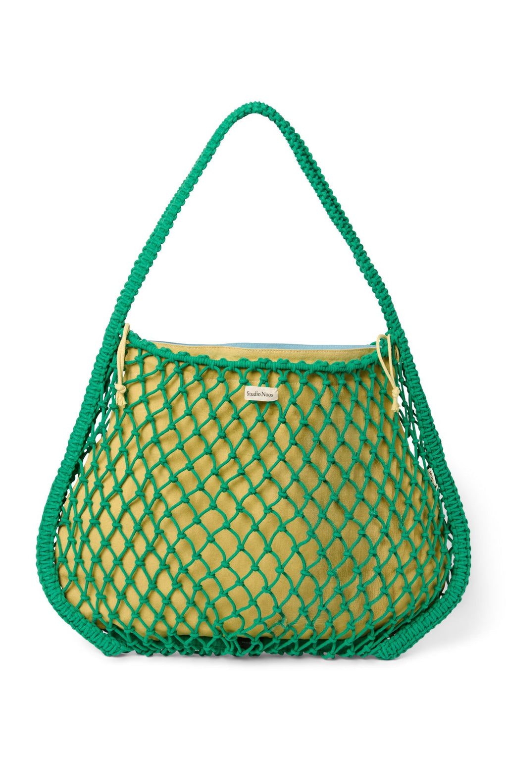 Blau-gelber Wende-Einsatz | Grüne Makramee Mom Bag mit