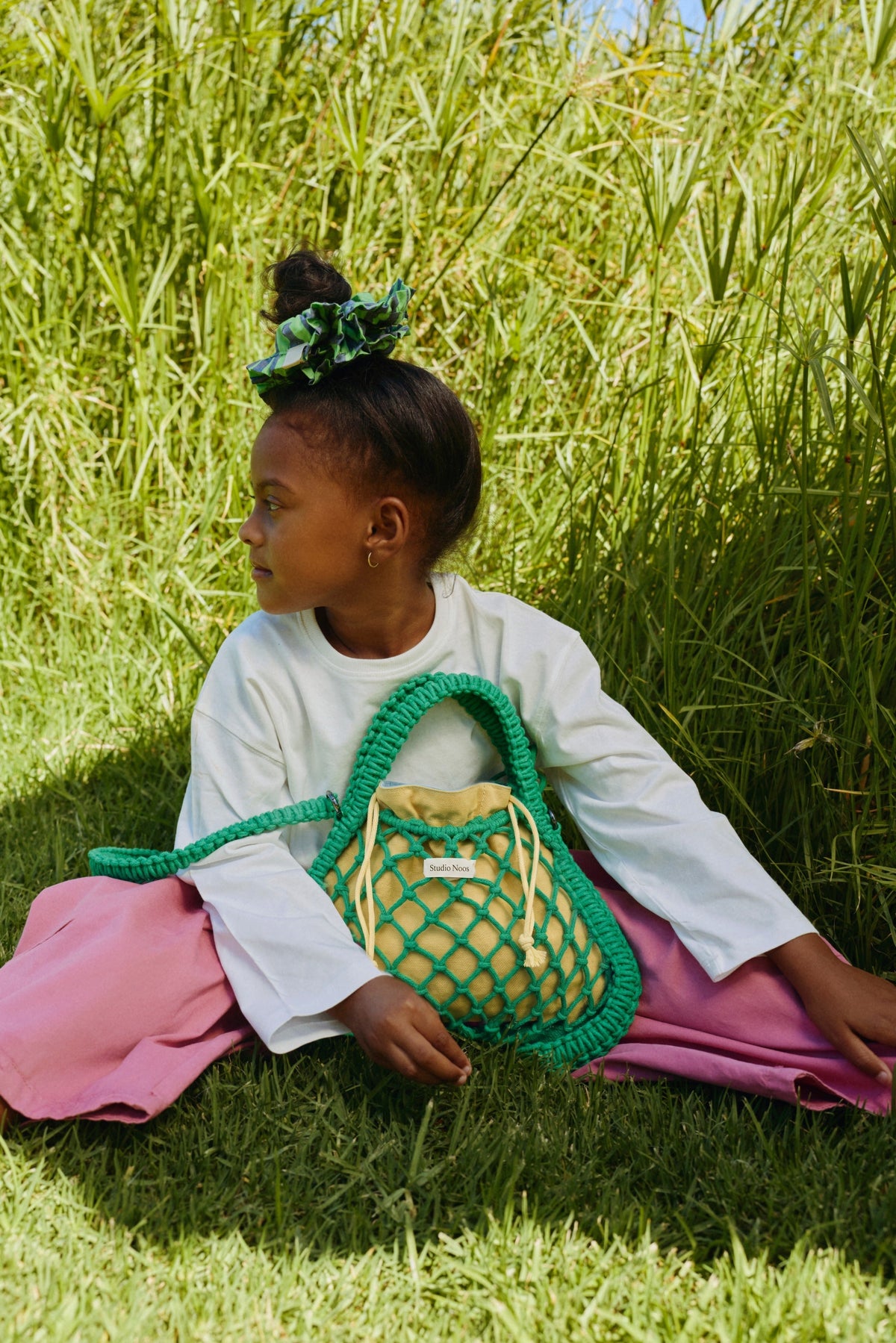 Blue-Yellow Reversible Insert | Green Macramé Mini Handbag with