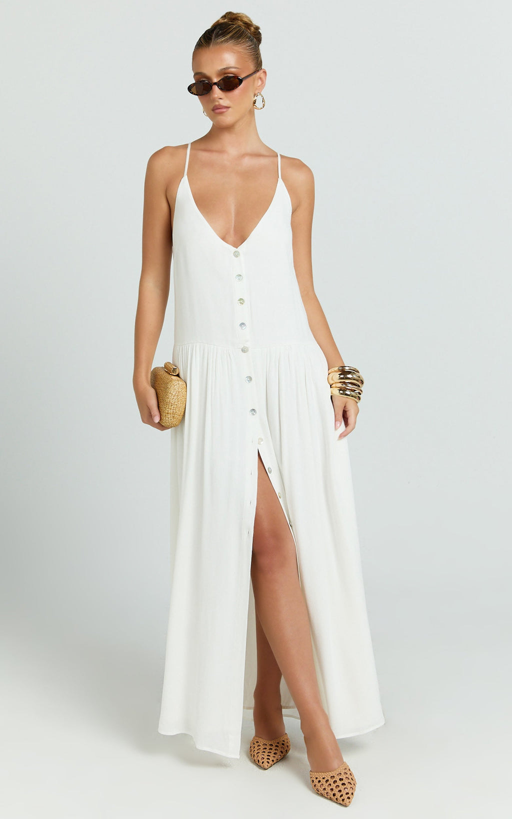 Lucille Maxi Dress - Button Down Front Split Maxi Dress in Off White