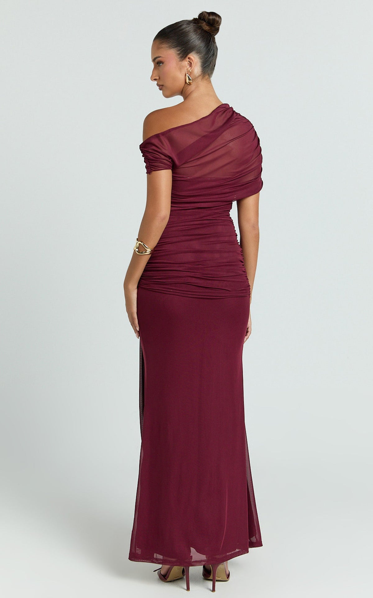 Nicolette Maxi Dress - Cape Sleeve Off Shoulder Dress in Wine