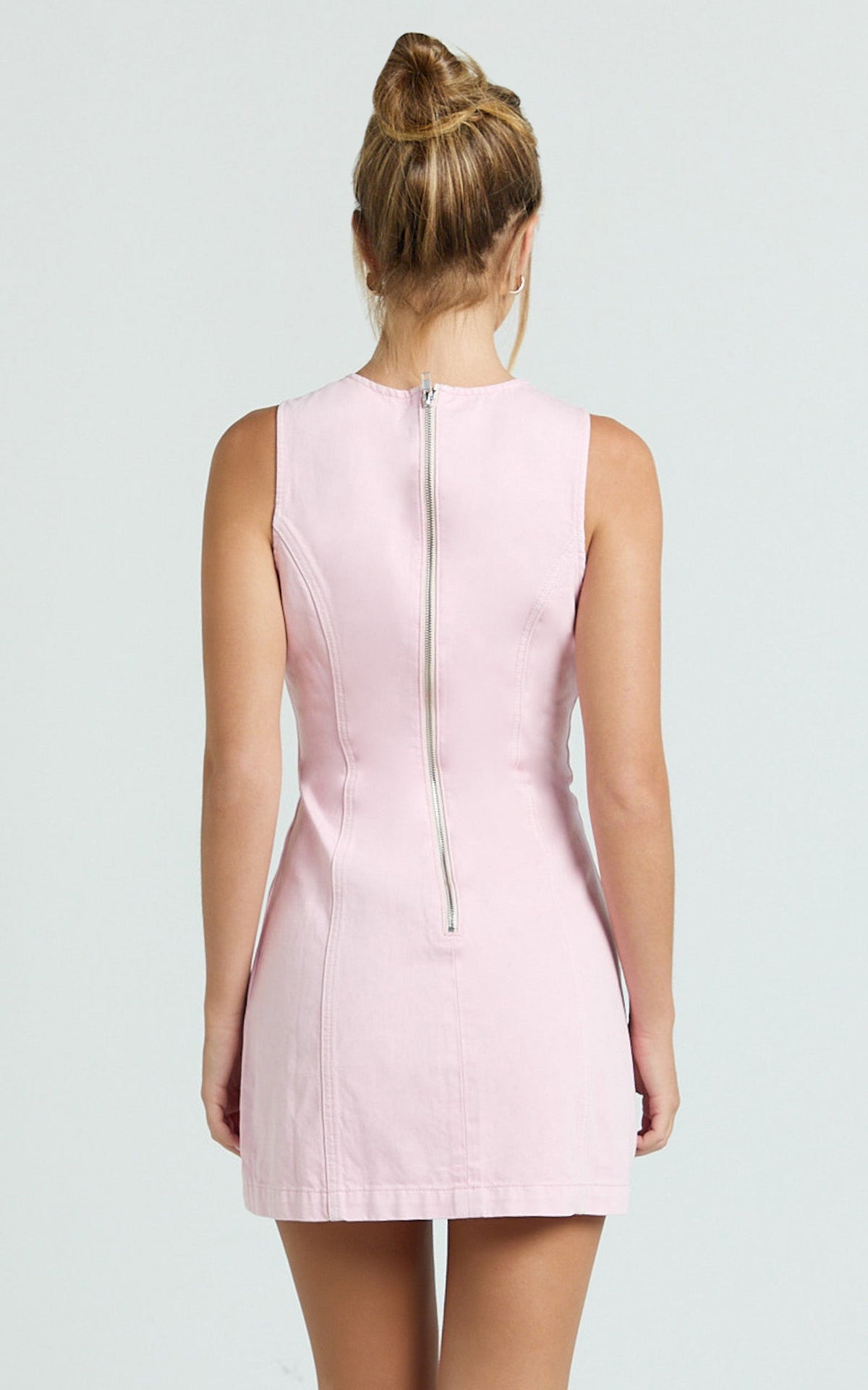 Olenna Mini Dress - High Neck Fitted Denim Dress in Pink