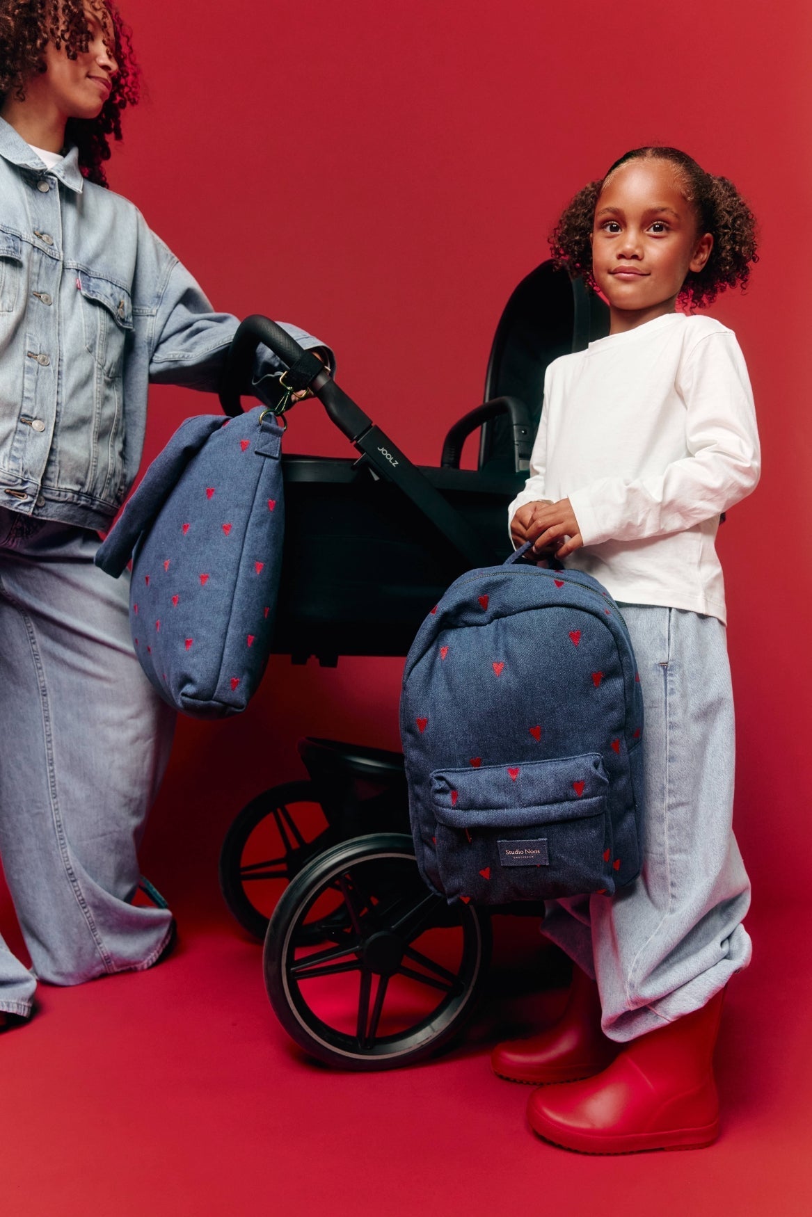 Denim-Midi-Rucksack | Dunkelblau Rote Herzen
