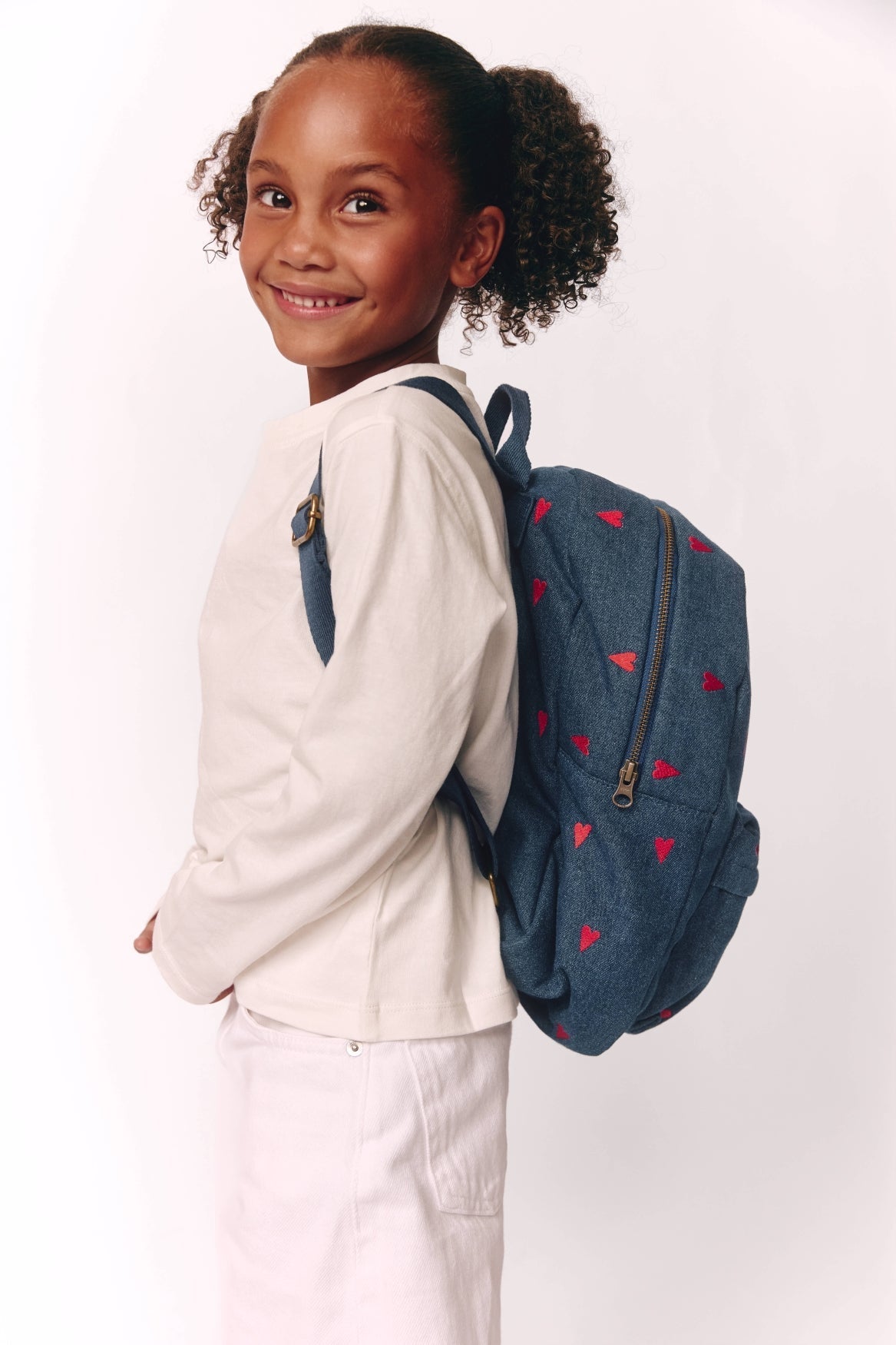 Denim-Midi-Rucksack | Dunkelblau Rote Herzen