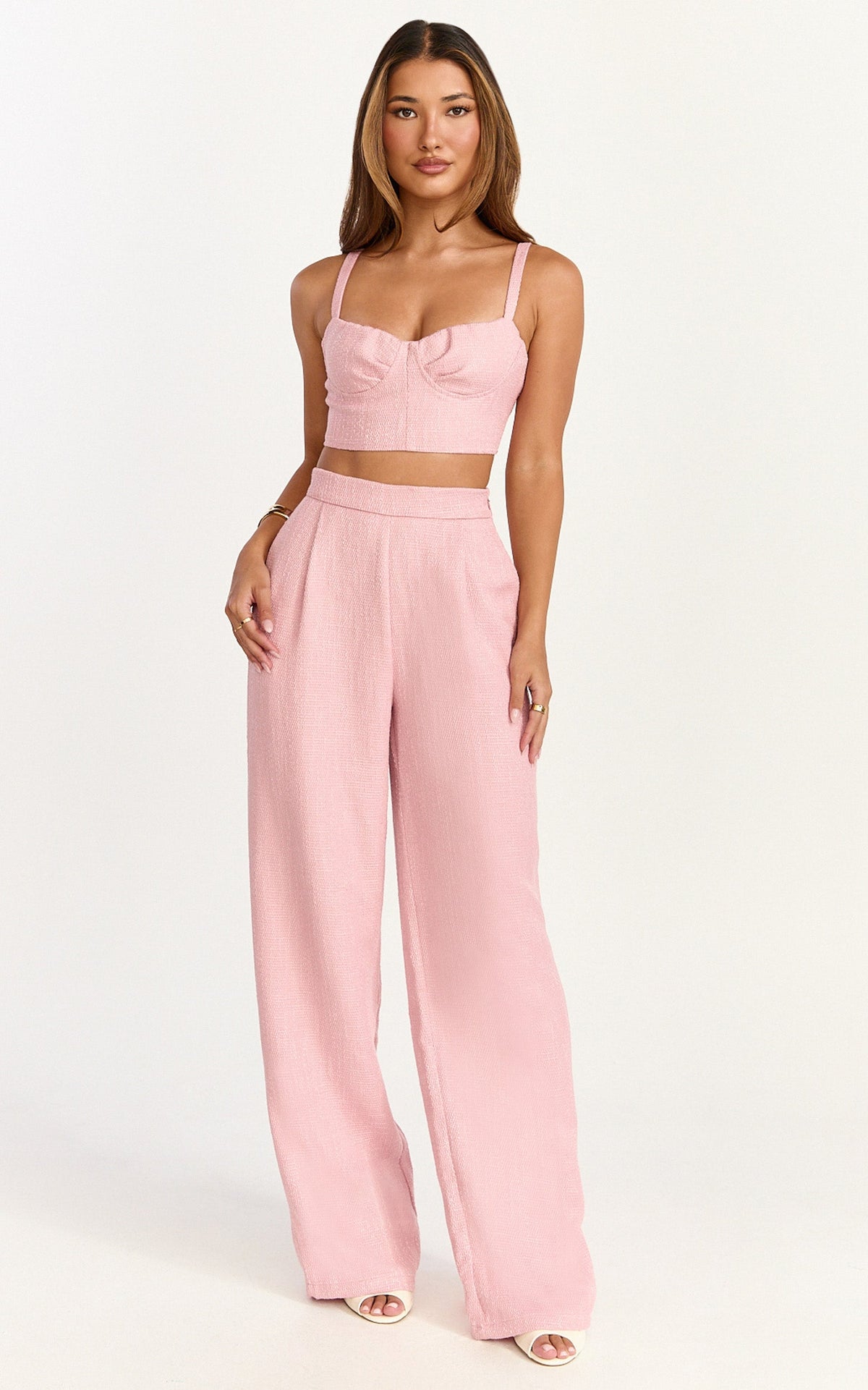 Sylvia Two Piece Set - Corset Top and High Waisted Wide Leg Pants Set in Pink