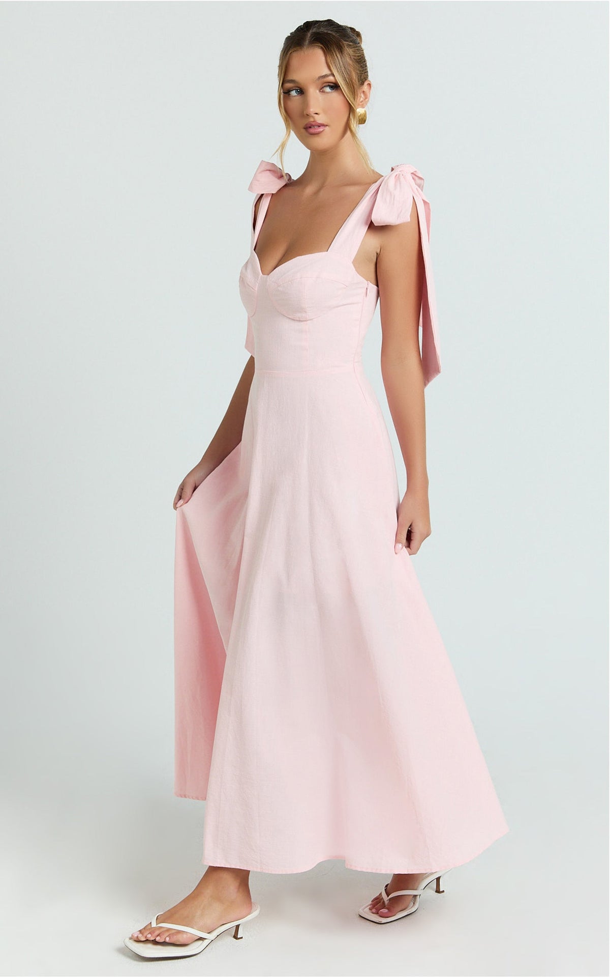 Tymia Midi Dress - Shoulder Tie Bustier Shirred Back A Line in Pink