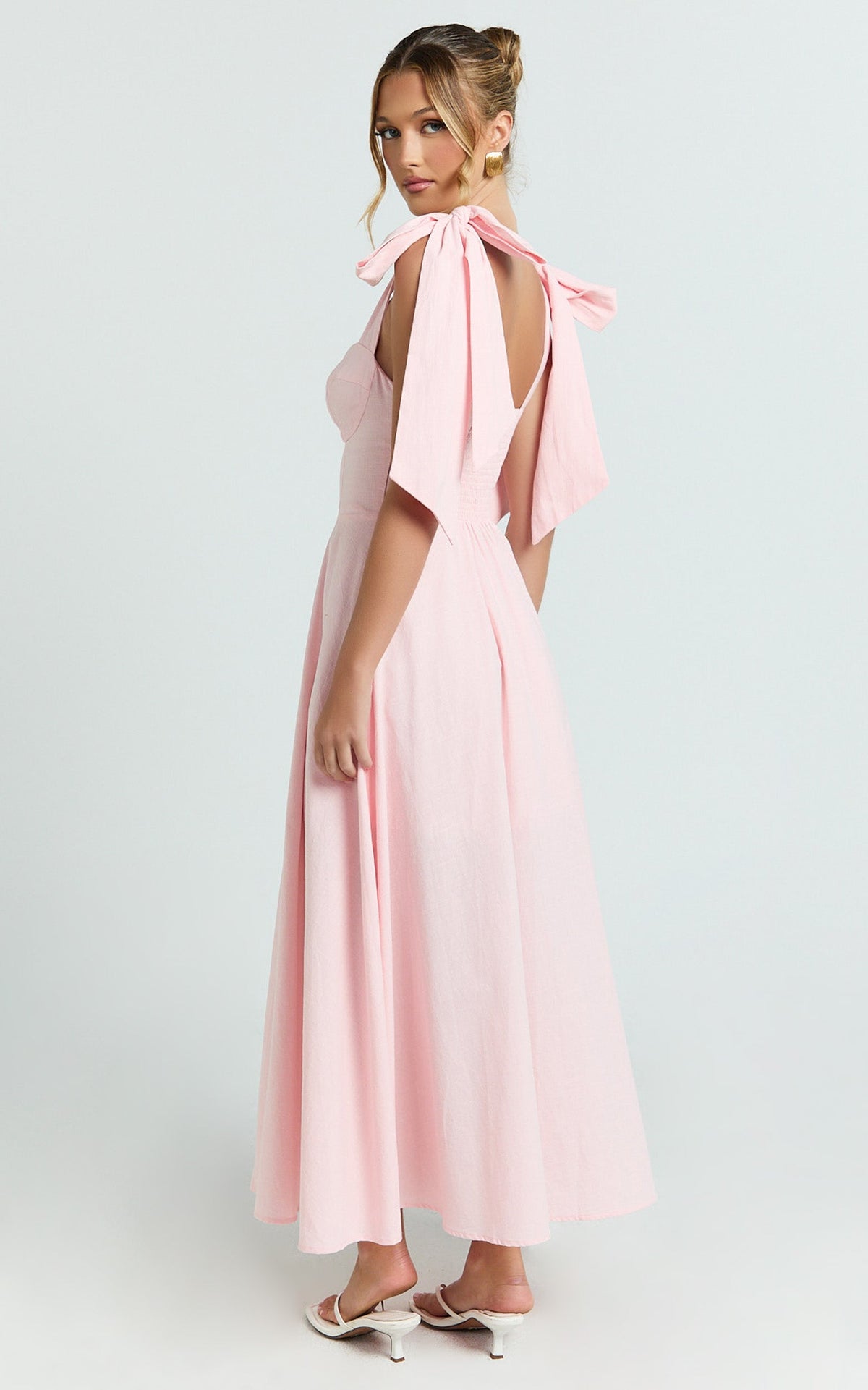 Tymia Midi Dress - Shoulder Tie Bustier Shirred Back A Line in Pink